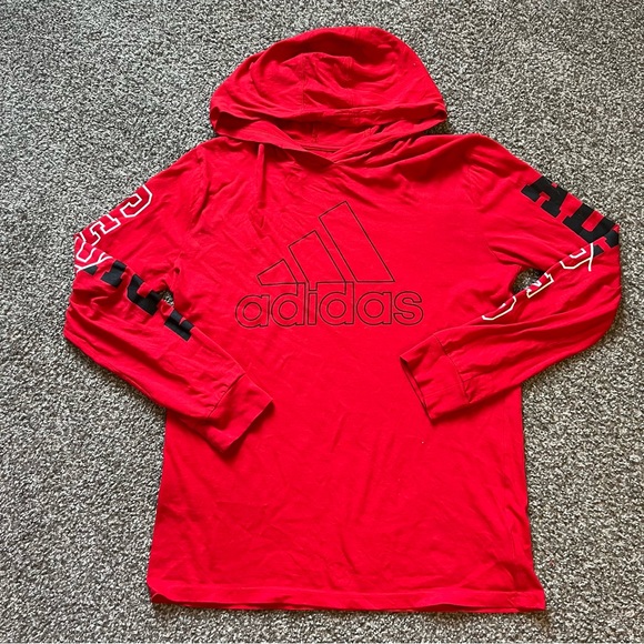 Kids Adidas red long sleeve hooded tshirt size L - Picture 1 of 3